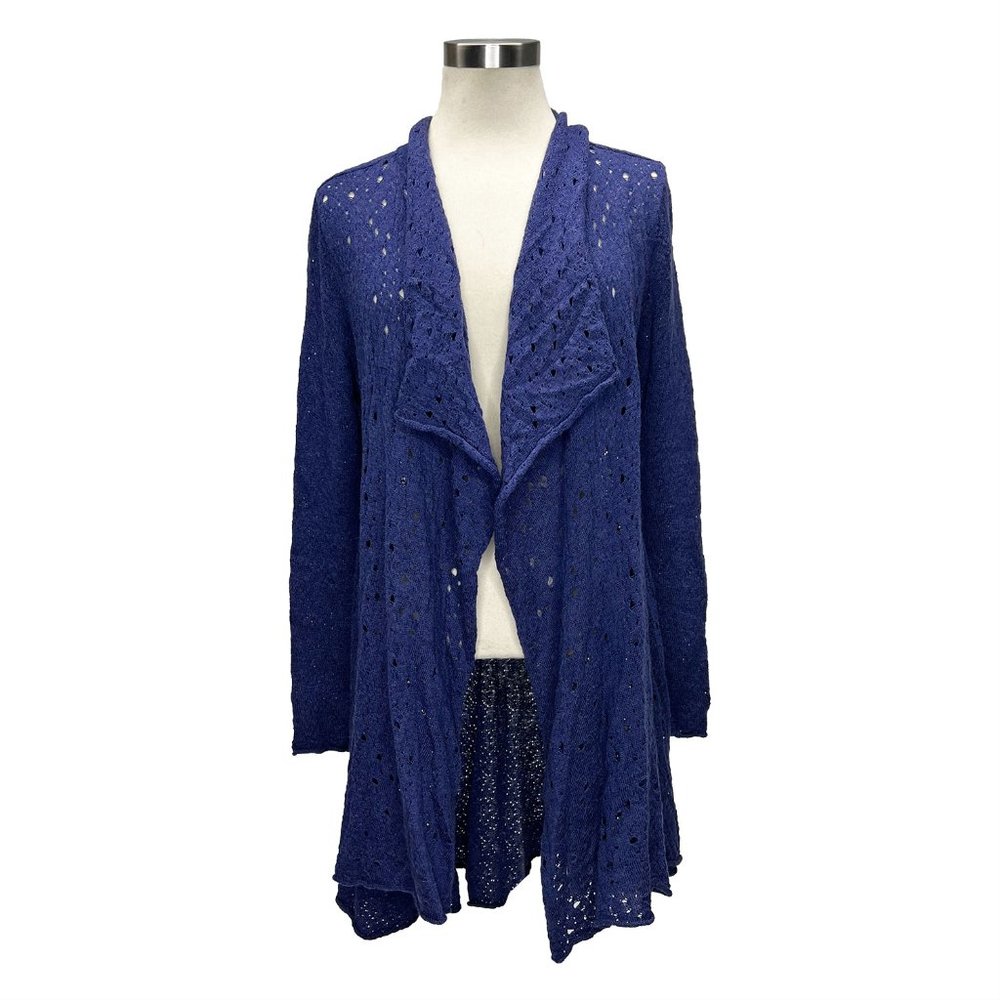 Eileen Fisher Petite Small PS Open Front Cardigan Sweater Long Blue Merino Wool